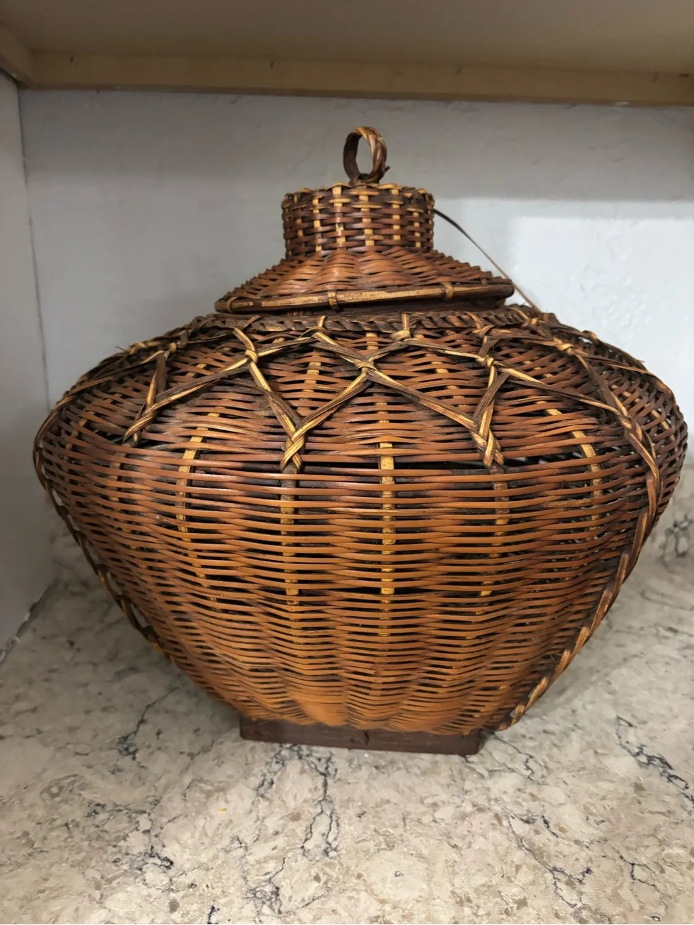 Vintage Asian Woven Rattan Basket with Square Base and Lid Home Decor